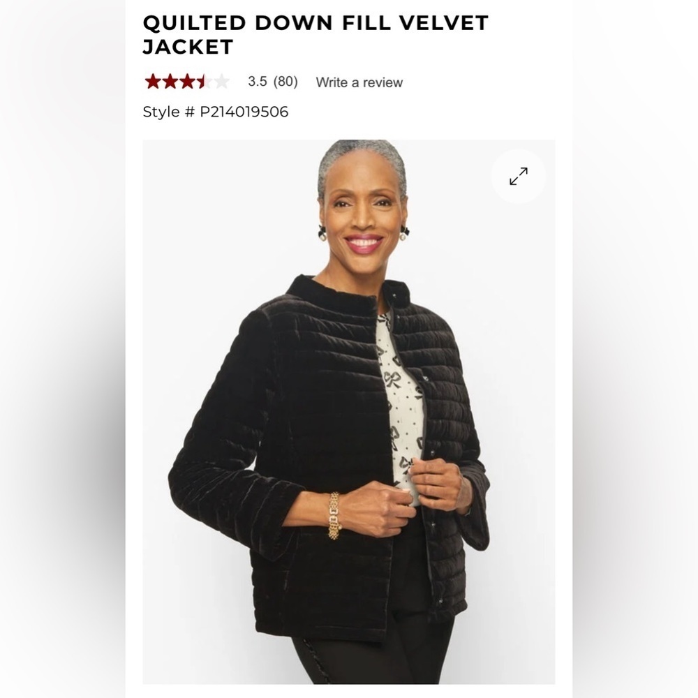 Talbots Quilted Down Filled Velvet Puffer Evening Jacket Cocktail Blk Size 12